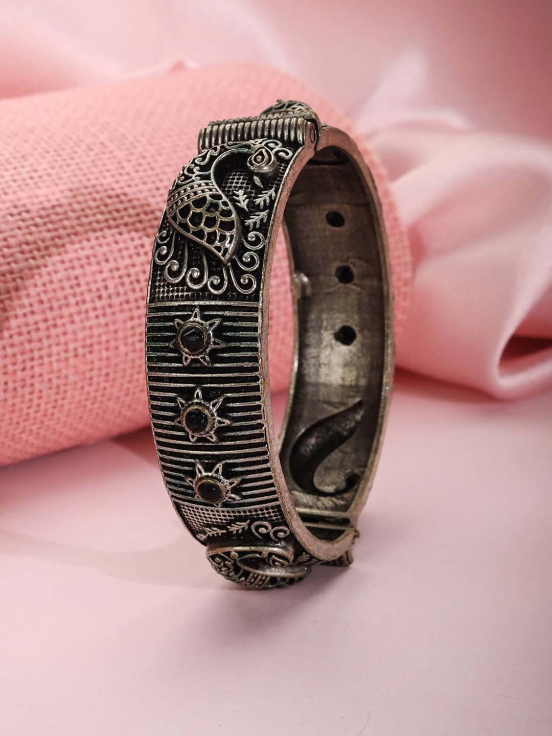 

Priyaasi Women Silver-Plated Brass Peacock Handcrafted Silver-Plated Kada Bracelet