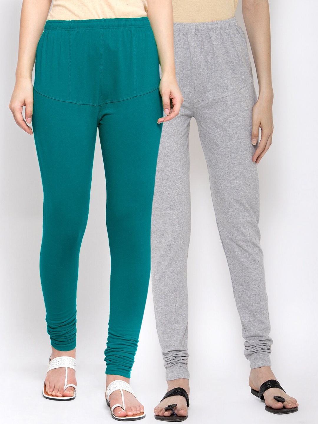 

KLOTTHE Women Pack of 2 Solid Cotton Churidar-Length Leggings, Teal