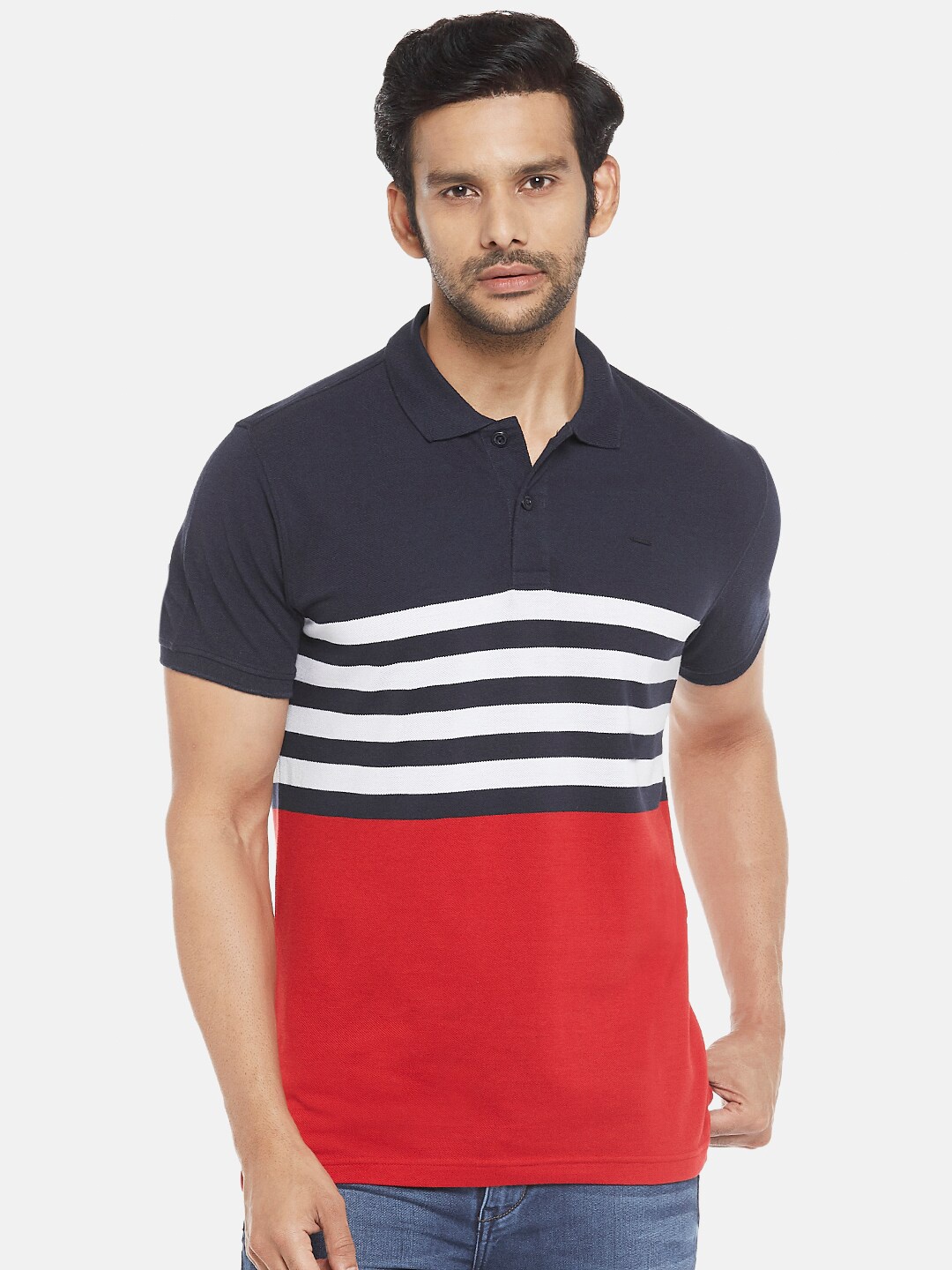 

People Men Red Striped Polo Collar T-shirt