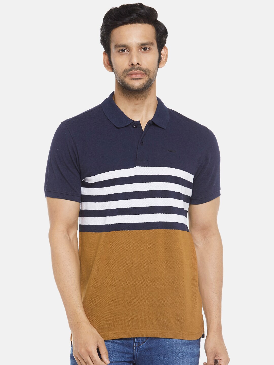 

People Men Navy Blue & Mustard Yellow Colourblocked Polo Collar T-shirt