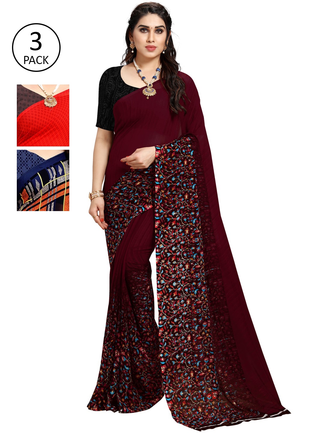 

KALINI Pack of 3 Printed Poly Geogrette Sarees, Navy blue