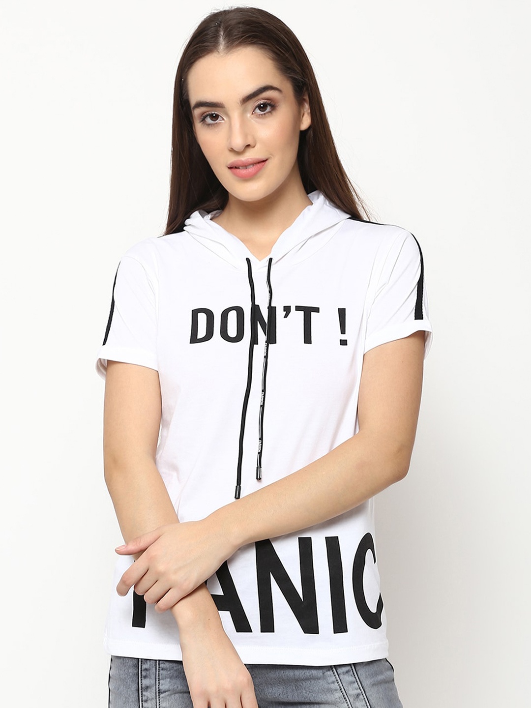 

V2 Value & Variety Women White & Black Typography Printed Hooded T-shirt