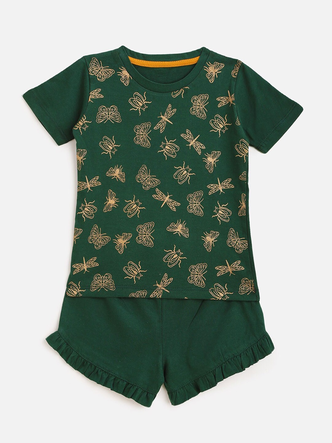 

YK Girls Green & Gold-Toned Printed Pure Cotton Night suit