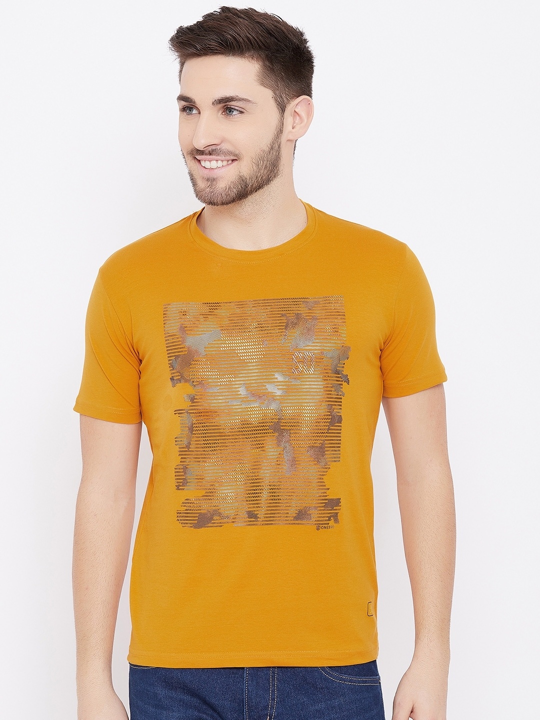 

Duke Men Yellow Printed Cotton Slim Fit T-shirt