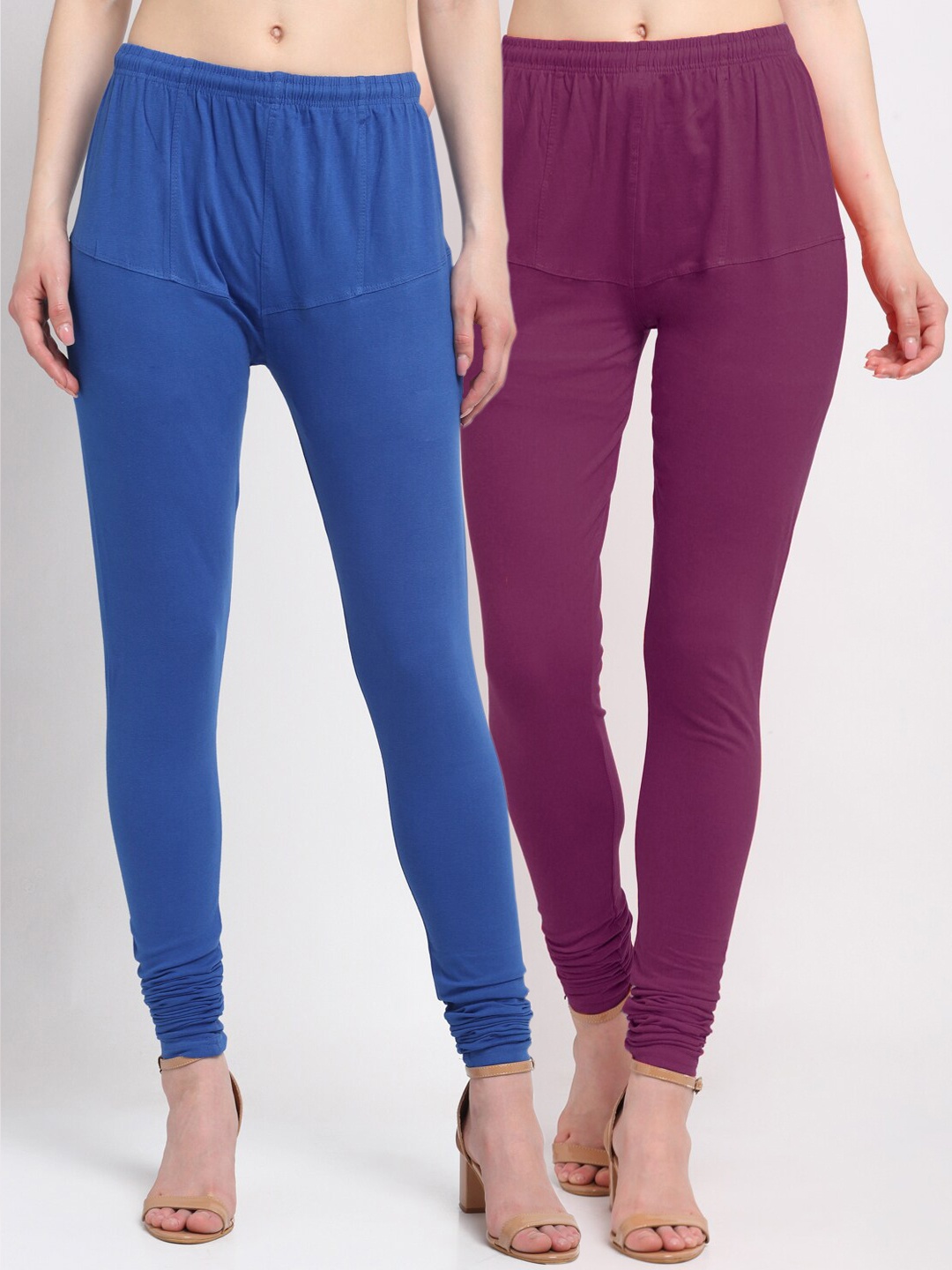 KLOTTHE Women Pack of 2 Solid Cotton Churidar-Length Leggings, Purple