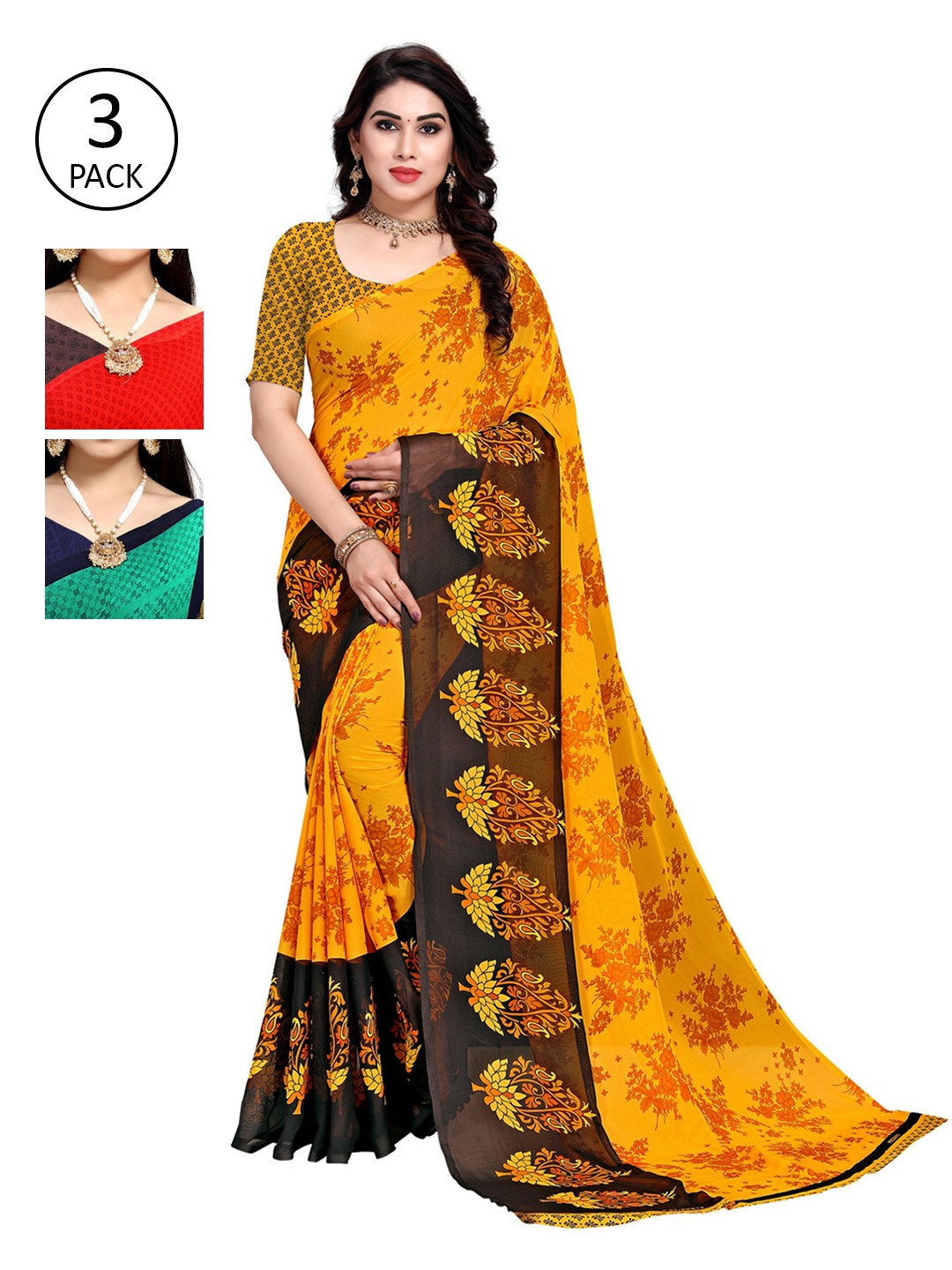 

KALINI Red & Yellow Floral Pack of 3 Printed Sarees
