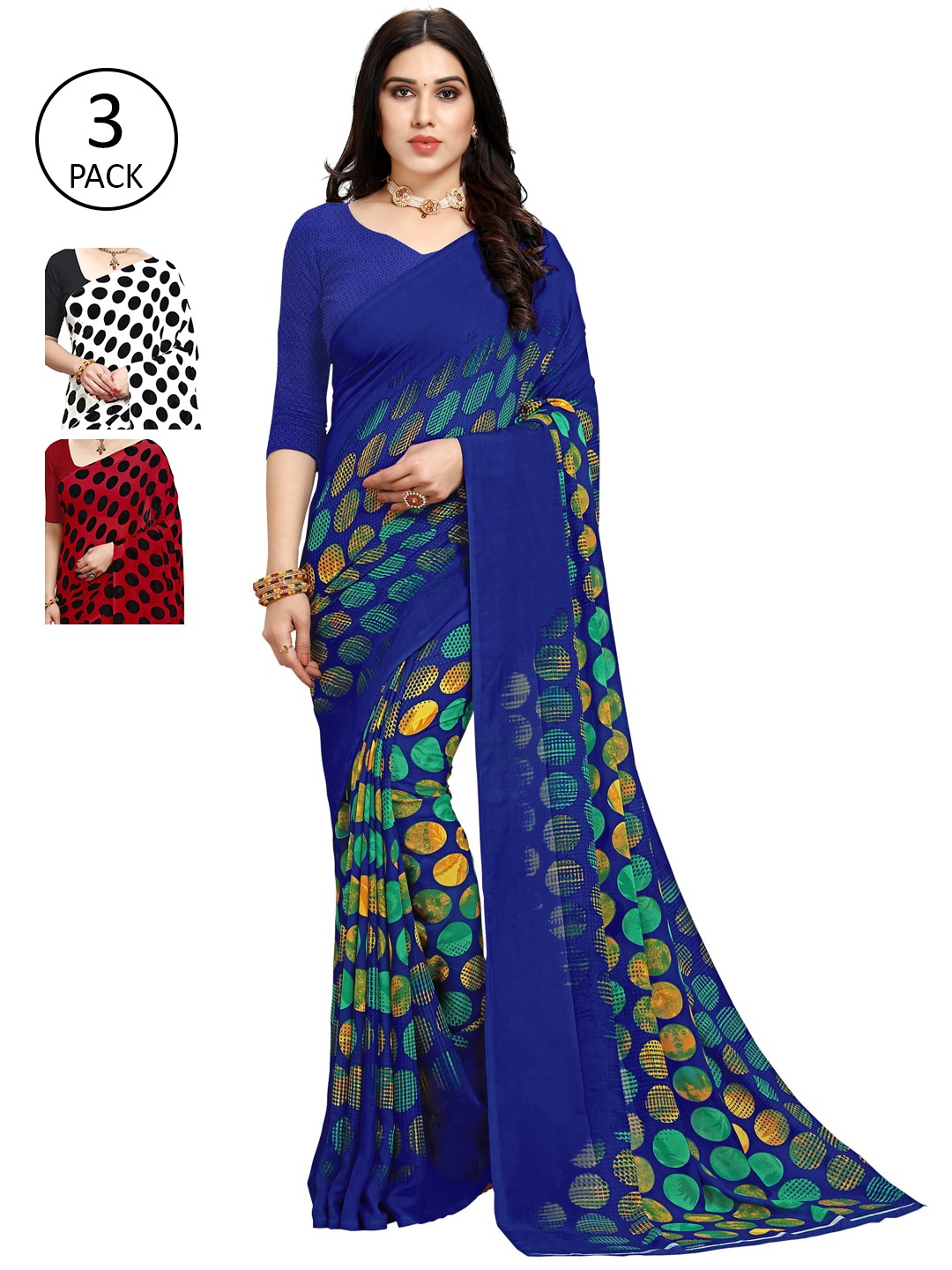 

ANAND SAREES Pack of 3 Poly Georgette Sarees, Red