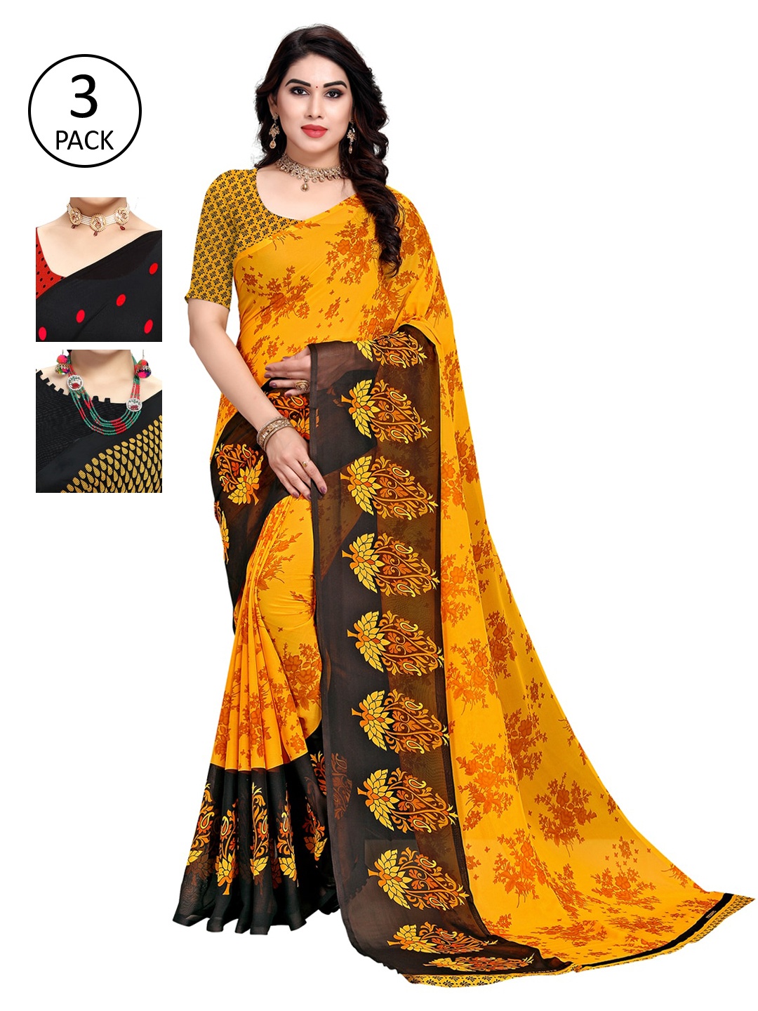 

KALINI Pack of 3 Printed Poly Georgette Daily Wear Sarees, Black
