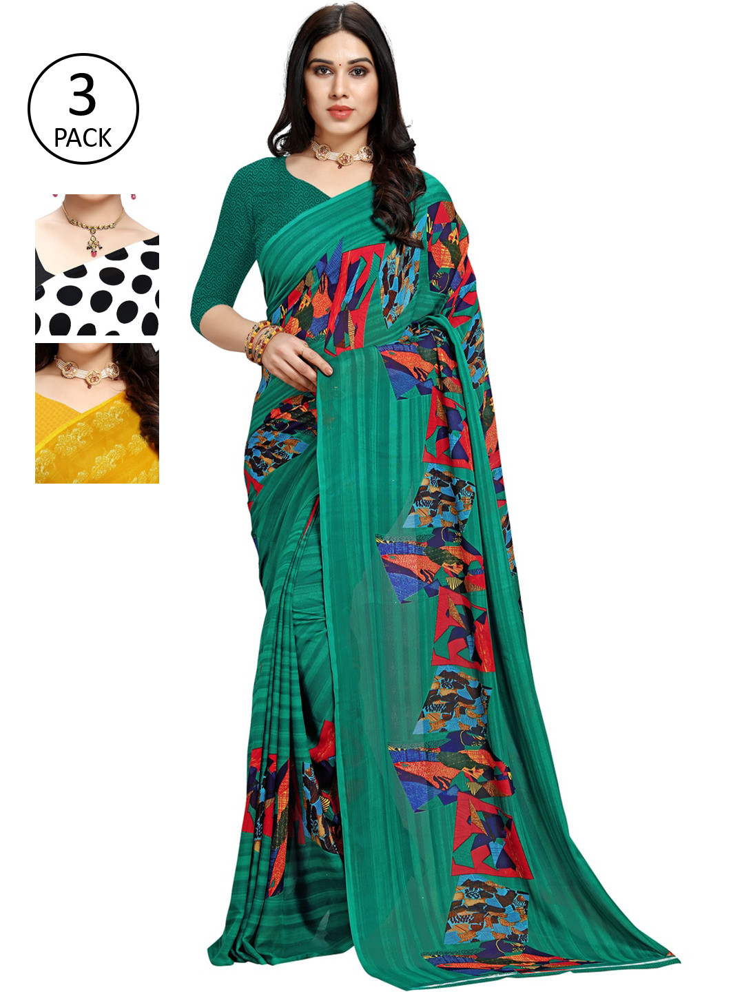 

KALINI Women Pack of 3 Printed Sarees, White