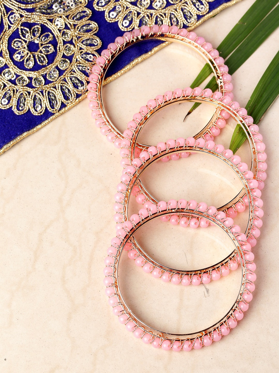 

Priyaasi Set Of 4 Gold-Plated Pink Beaded Handcrafted Bangles