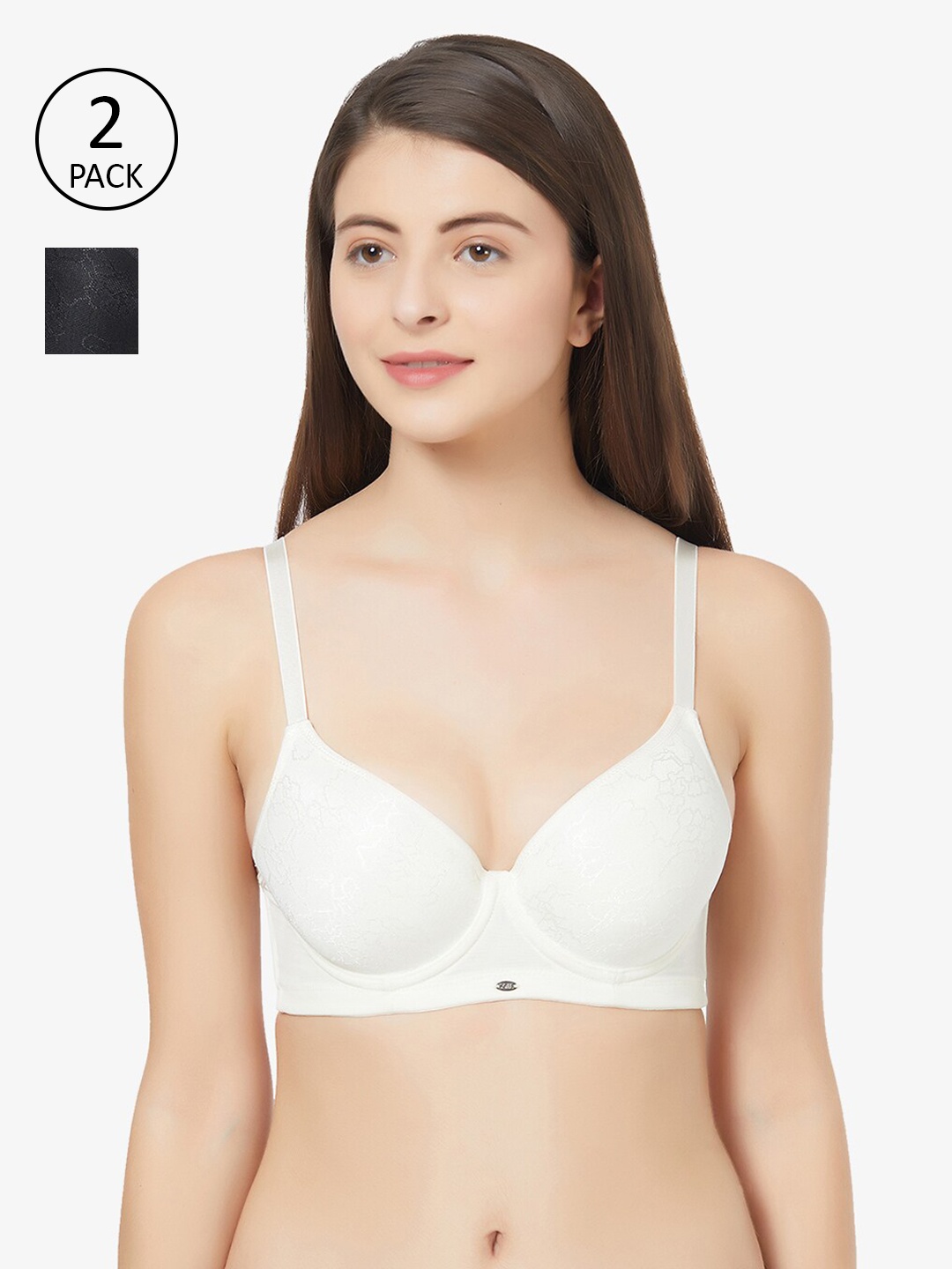 

Soie Pack Of 2 Geometric T-shirt Bra Half Coverage Underwired Lightly Padded COMBO CB, Black