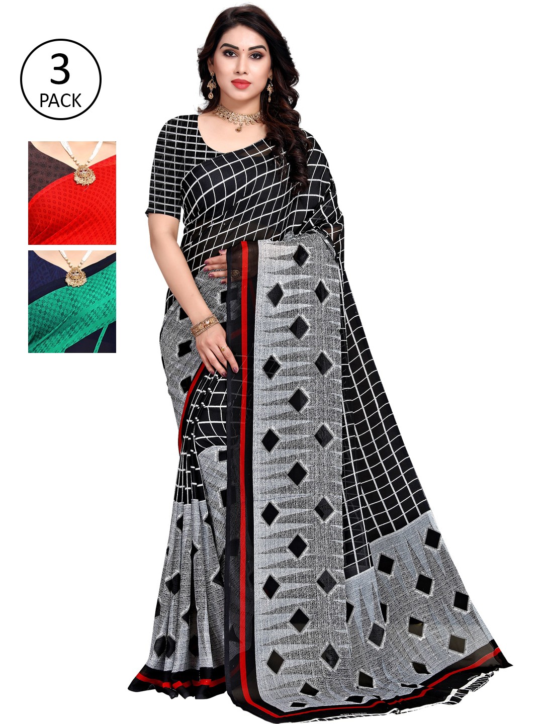 

KALINI Red & Green Pack of 3 Printed Sarees