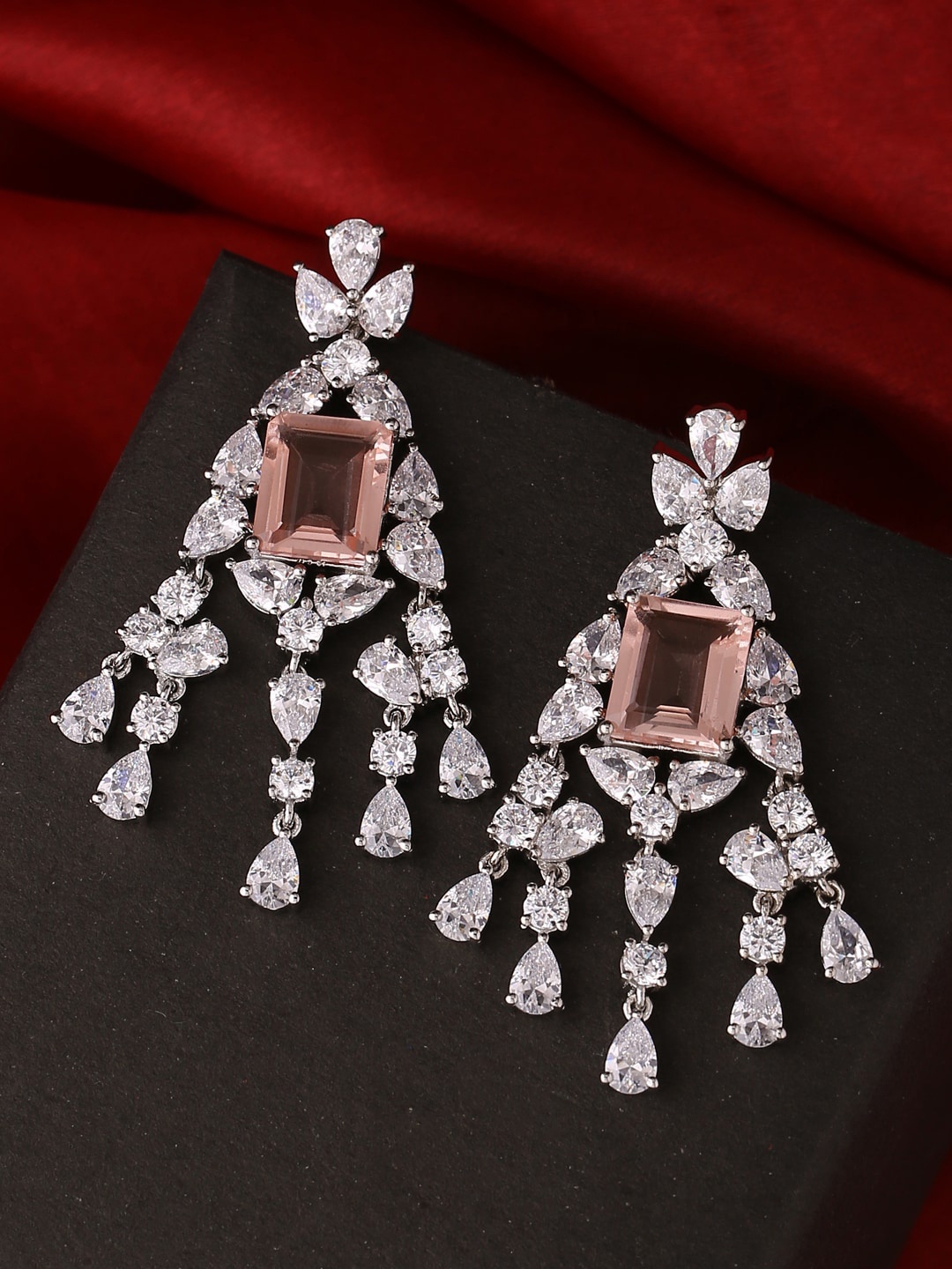 

Tistabene Rhodium-Plated & Stones Studded Contemporary Drop Earrings, Gold