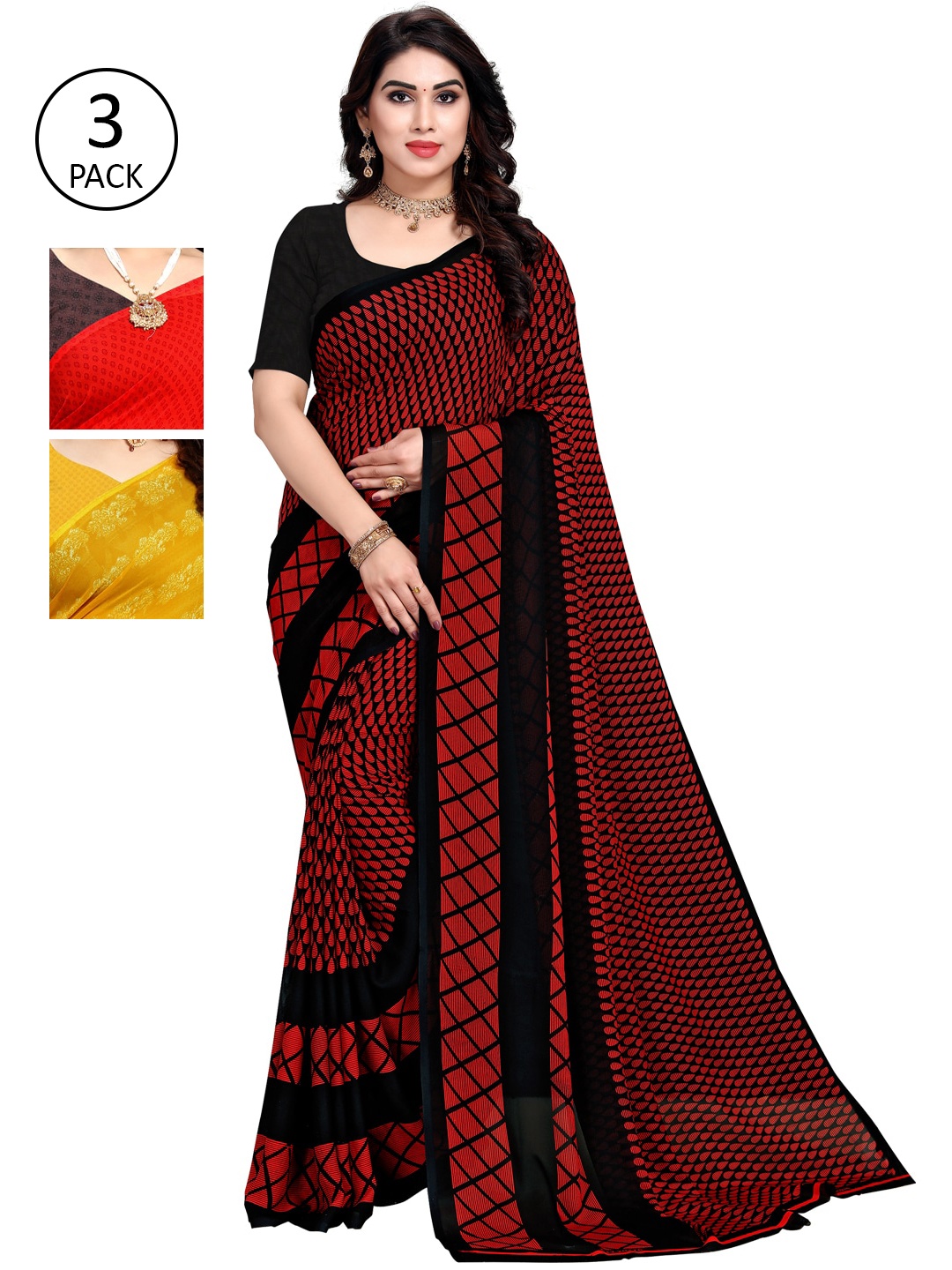 

KALINI Pack Of 3 Red & Black Saree