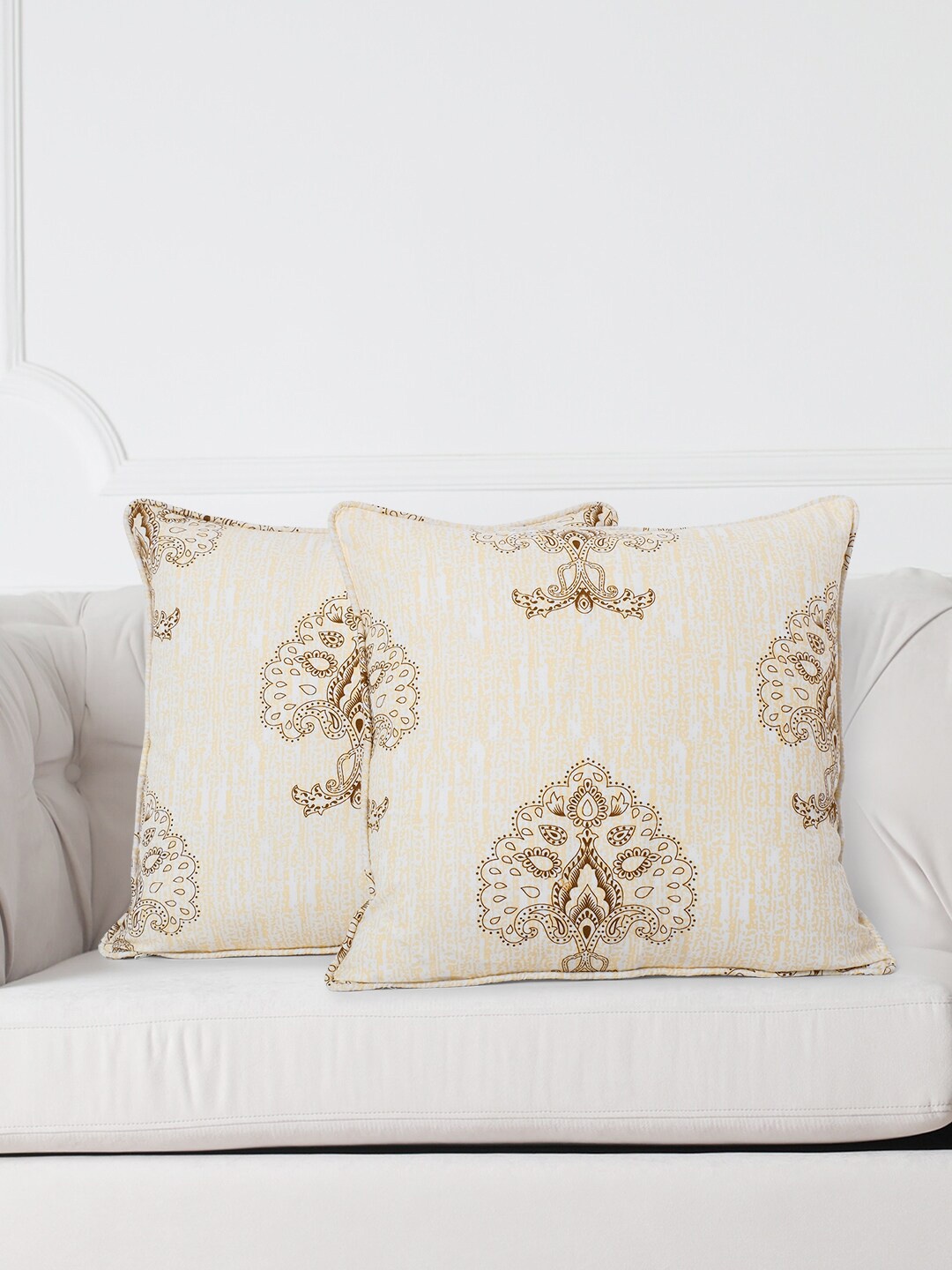

SWAYAM White & Yellow Set of 2 Ethnic Motifs Square Cushion Covers