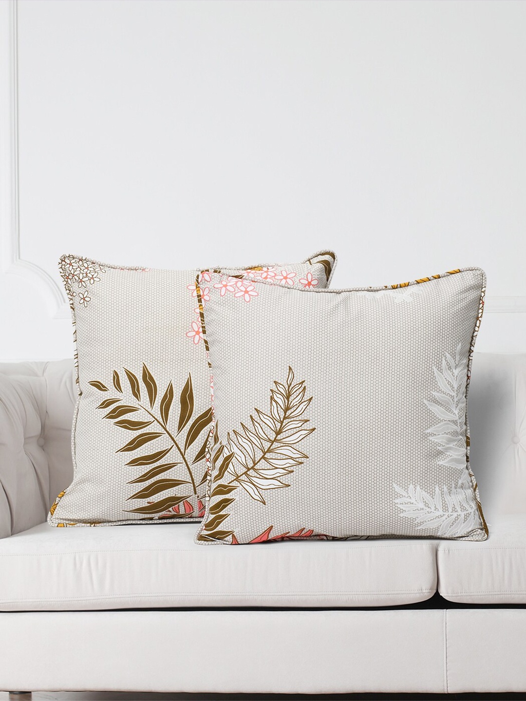 

SWAYAM Set Of 2 Beige & Brown Floral Cotton Square Cushion Covers