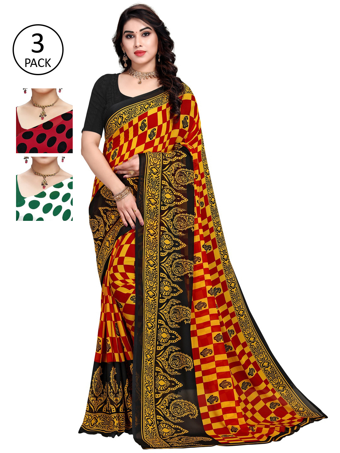

KALINI Pack of 3 Printed Sarees, Red