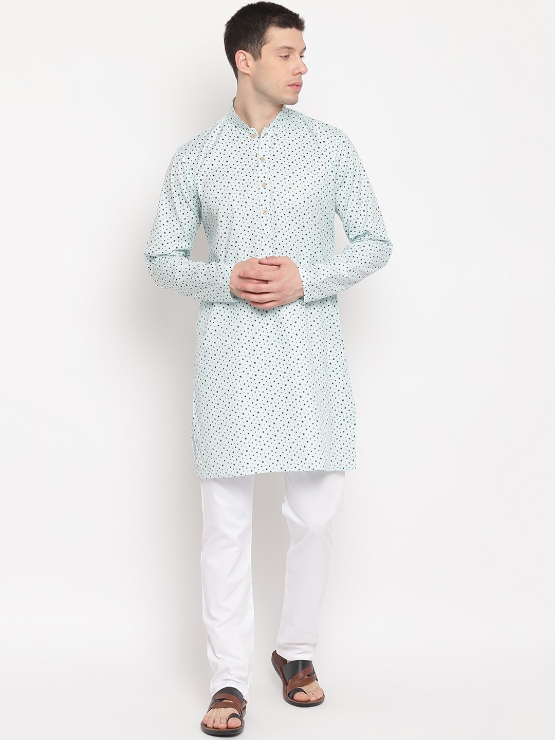 

Aj DEZInES Men Blue Printed Pure Cotton Kurta with Pyjamas