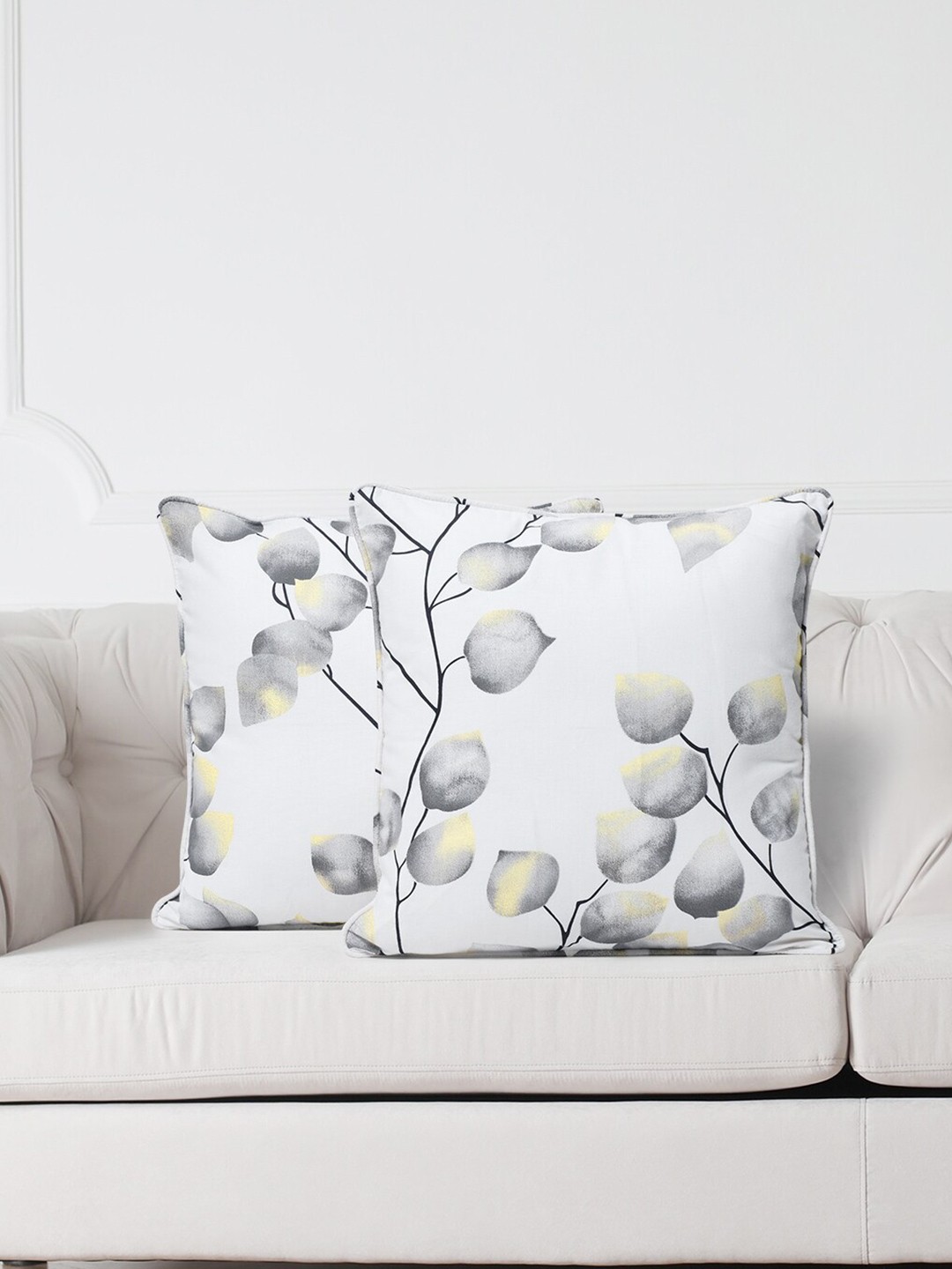 

SWAYAM White & Grey Set of 2 Floral Square Cushion Covers