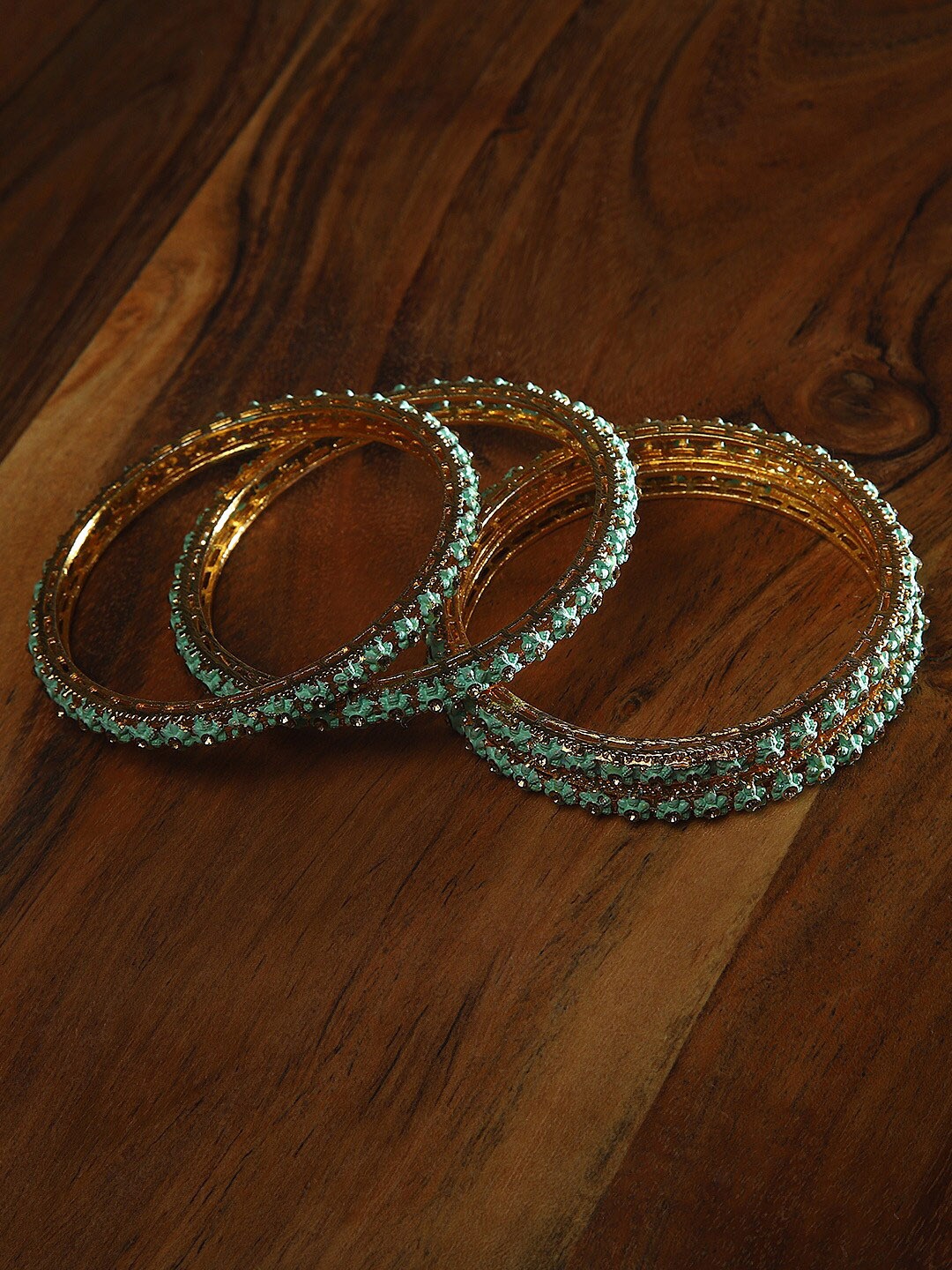 Priyaasi Set Of 4 Gold-Plated Sea Green Stone Studded Handcrafted Bangles