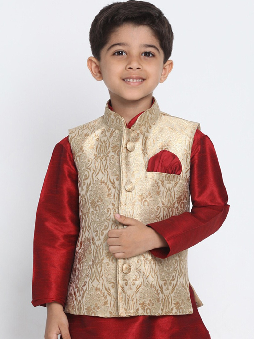 

VASTRAMAY Boys Rose Gold-Coloured Woven Design Slim-Fit Nehru Jacket
