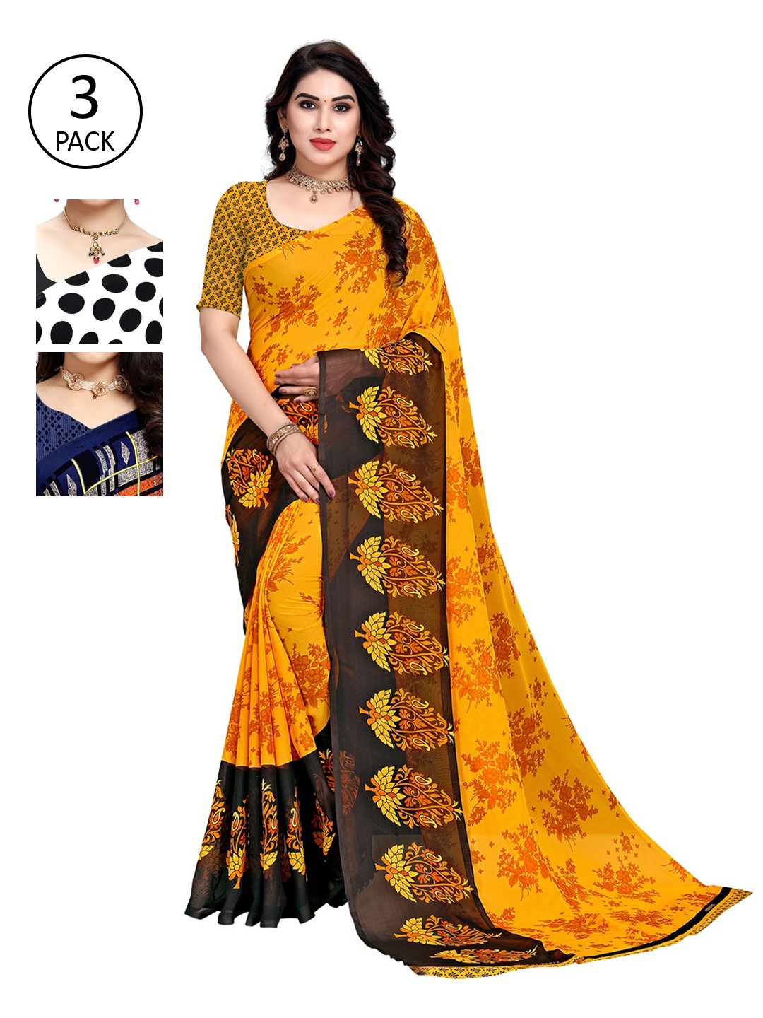 

KALINI Women Pack of 3 Printed Sarees, White