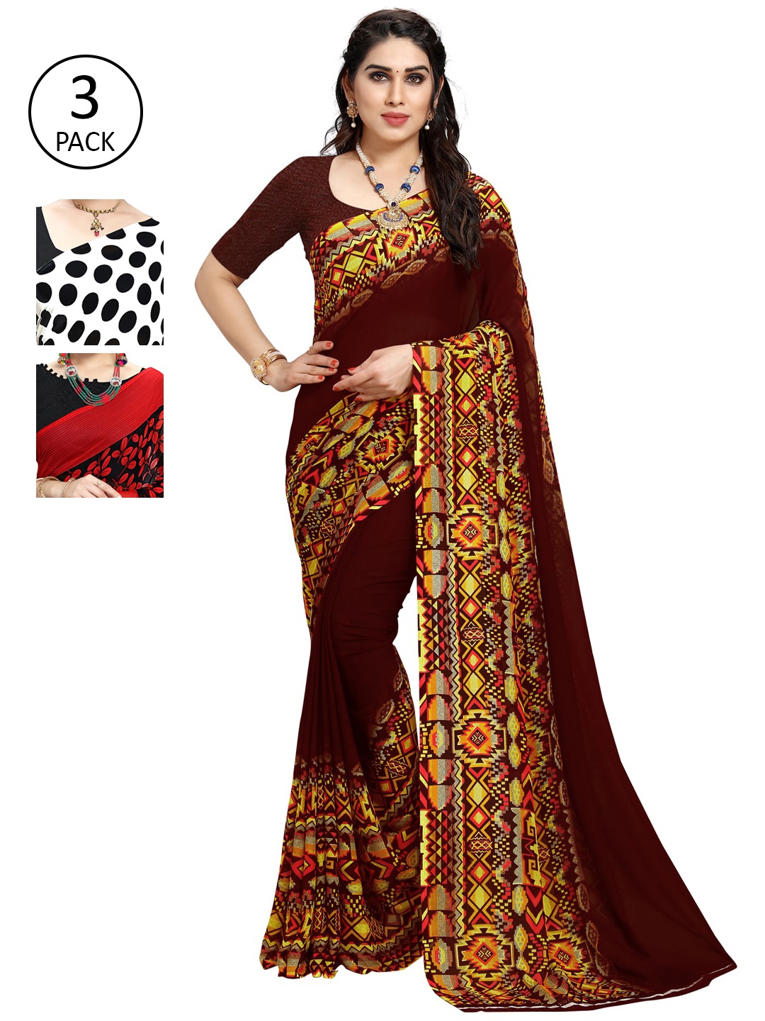

KALINI Pack Of 3 Multicoloured Printed Sarees, White