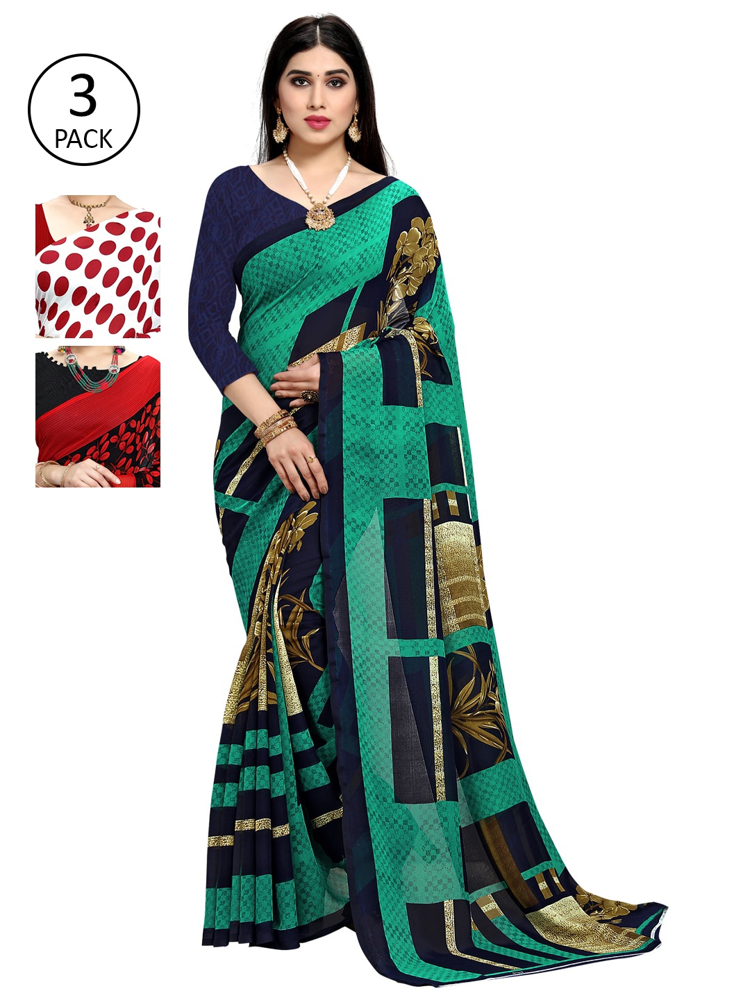 

KALINI Pack Of 3 Sarees, Green