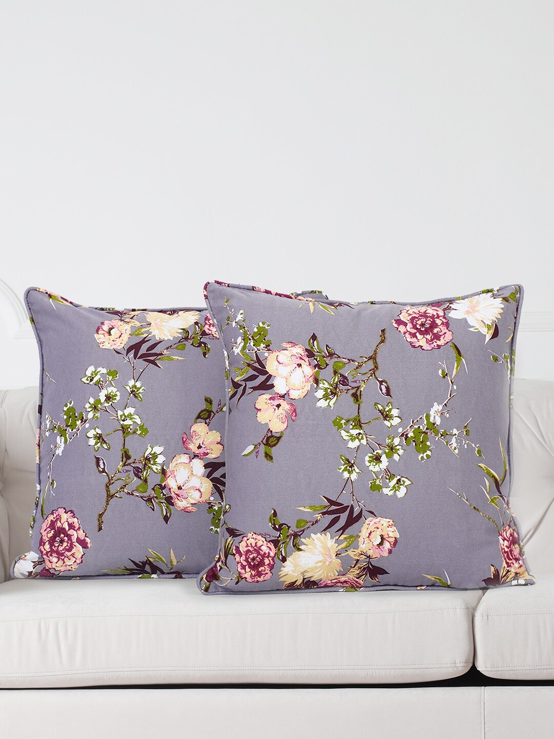

SWAYAM Grey & Pink Set of 2 Floral Square Cushion Covers