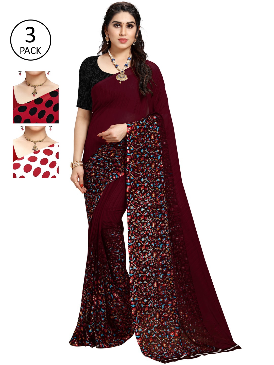 

ANAND SAREES Women Women Pack of 3 Printed Sarees, Red