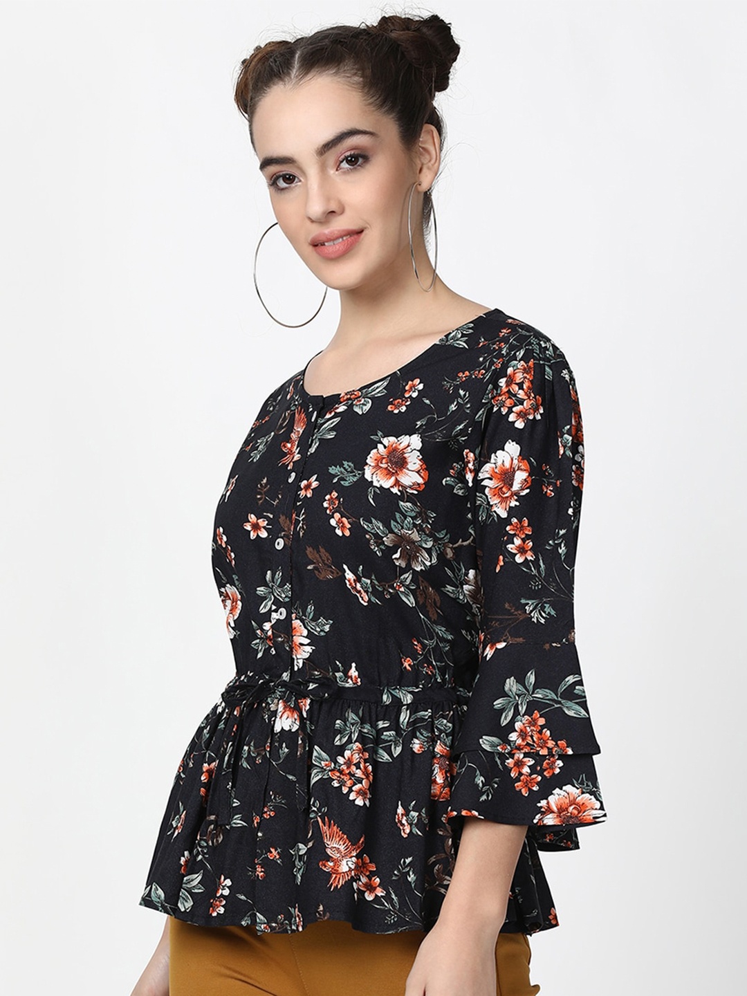 

V2 Value & Variety Navy Blue Floral Bell Sleeve Peplum Top
