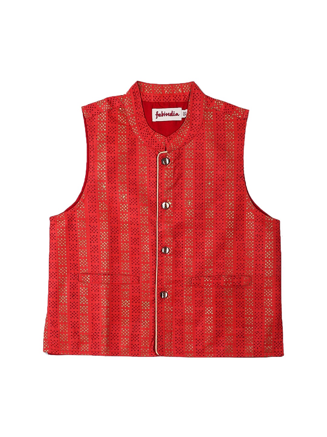 

Fabindia Boys Red & Gold-Toned Woven-Design Nehru Jacket