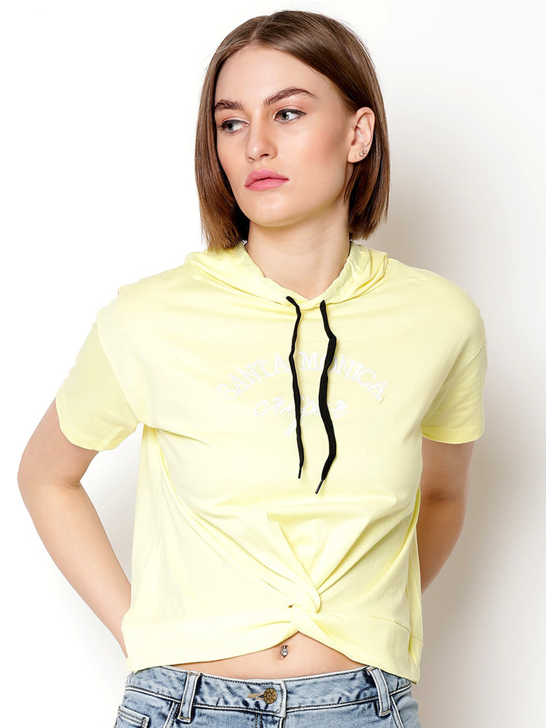 

V2 Value & Variety Yellow Embroidered Regular Hooded Crop Cotton Top