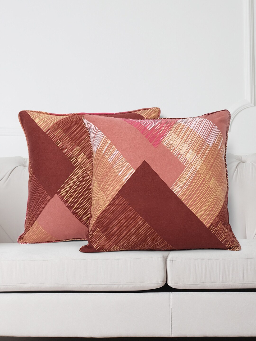 

SWAYAM Brown & Peach-Coloured Set of 2 Geometric Square Cushion Covers