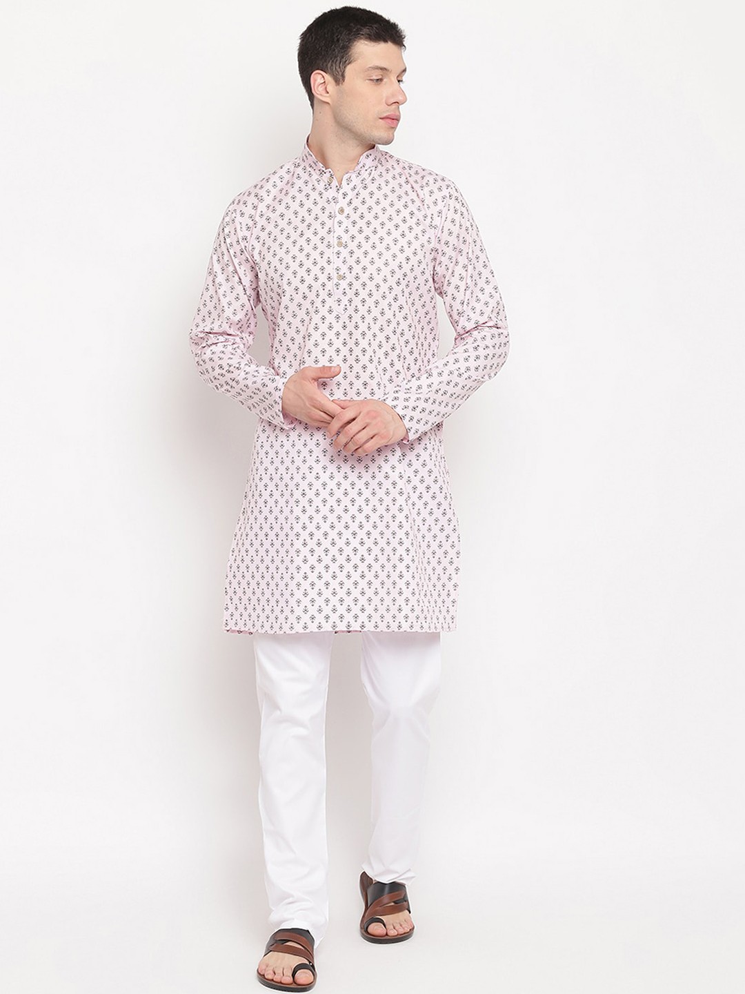 

Aj DEZInES Men Pink & White Printed Pure Cotton Kurta with Pyjamas