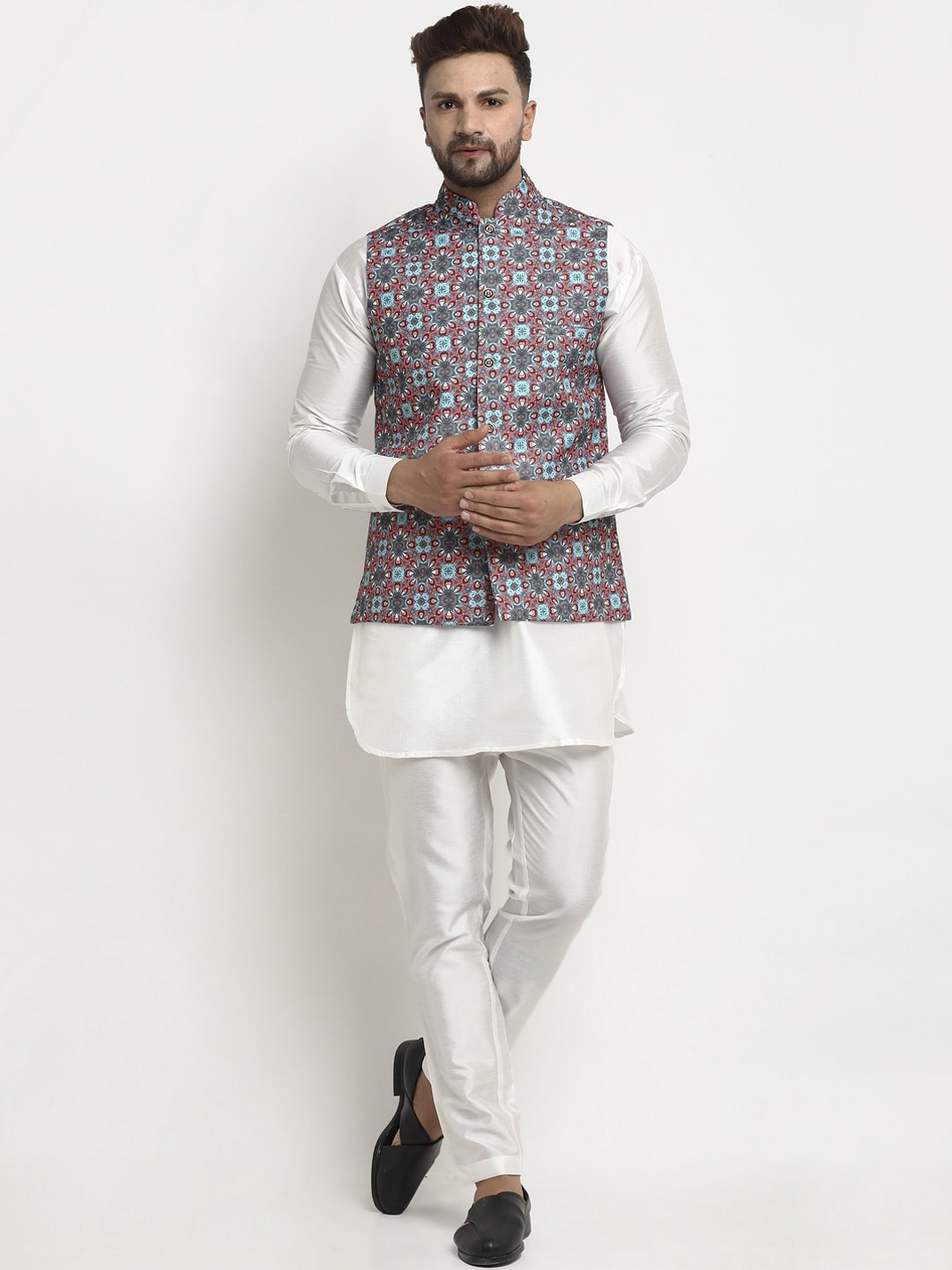 

Benstoke Men White Printed Layered Dupion Silk Kurta with Pyjamas