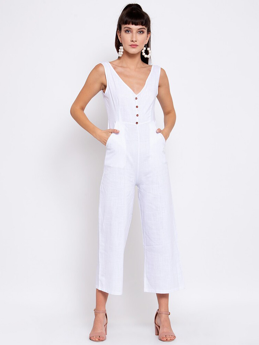 iki chic White Linen Capri Jumpsuit