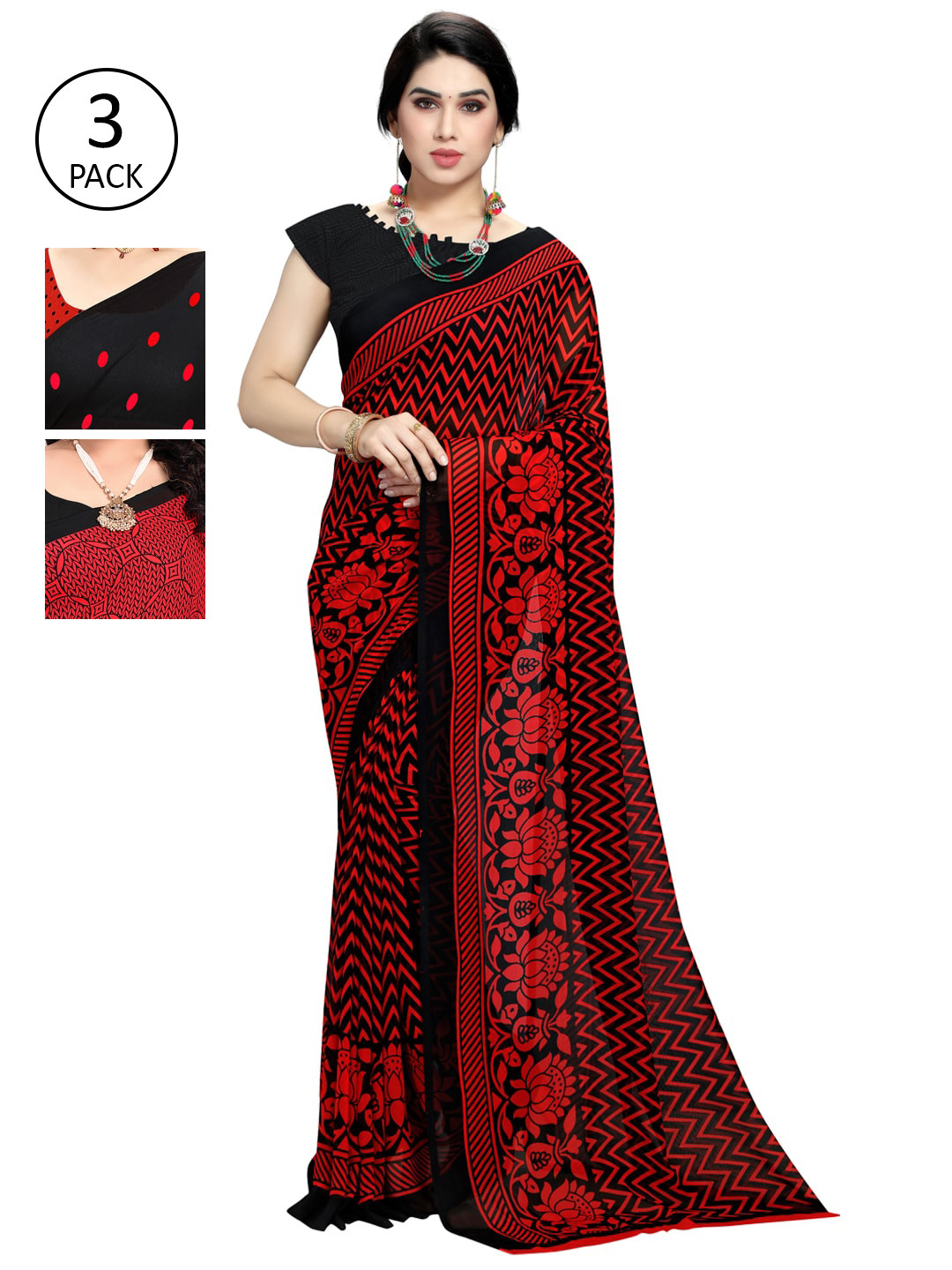 

KALINI Pack of 3 Red & Black Printed Poly Georgette Daily Wear Sarees