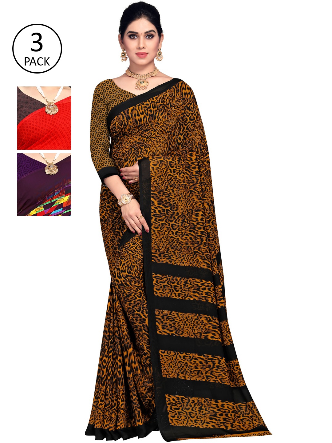 

KALINI Pack of 3 Printed Poly Georgette Sarees, Red