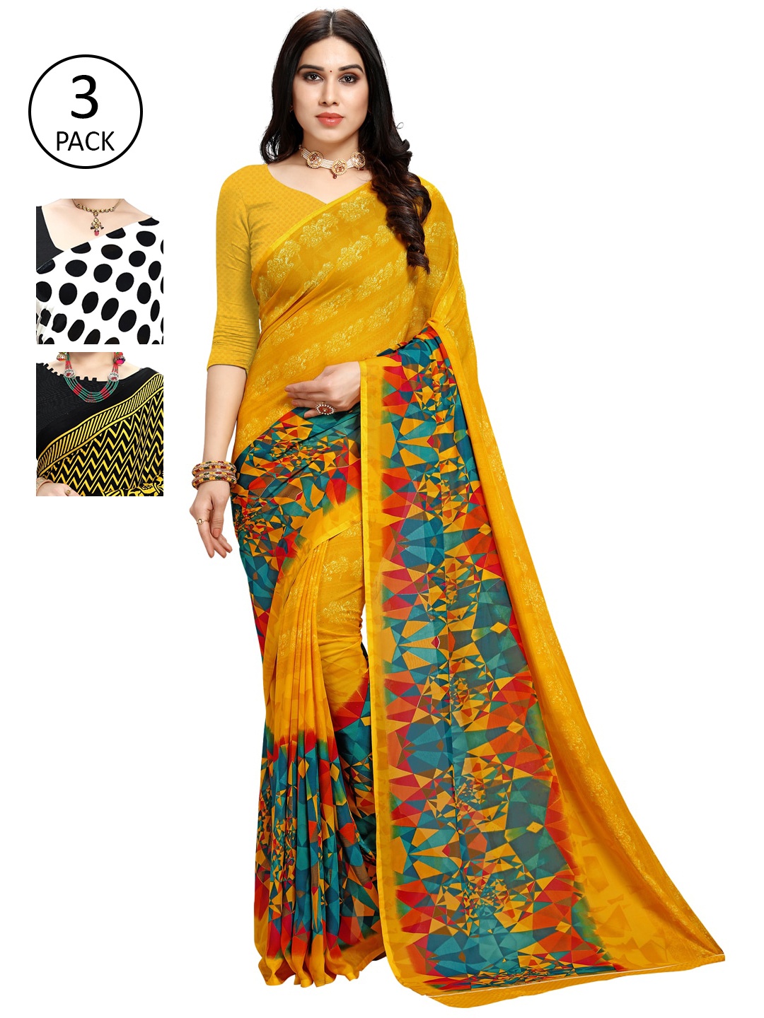 

KALINI Pack Of 3 Printed Sarees, White