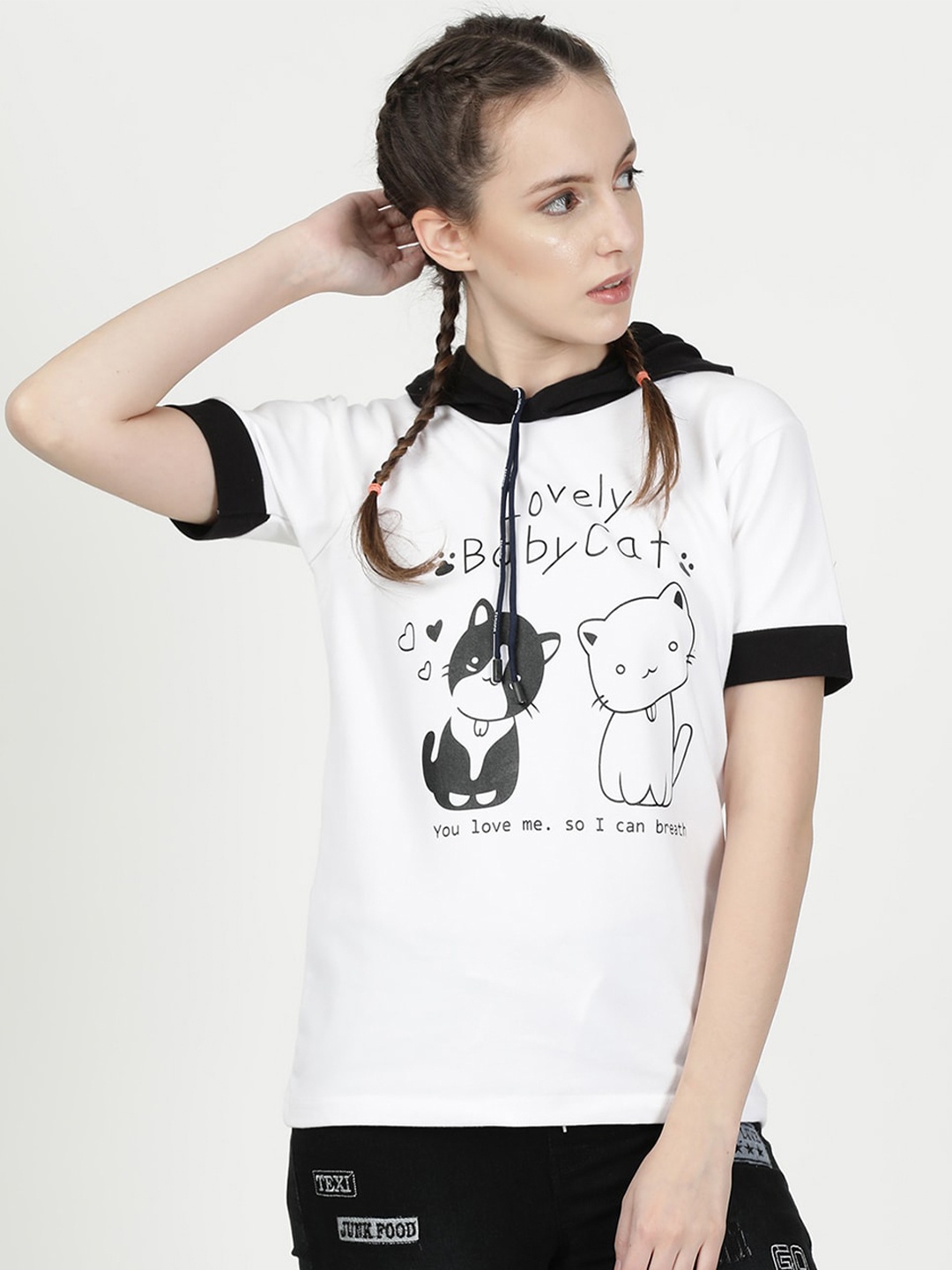 

V2 Value & Variety White & Black Hooded Regular Cotton Top