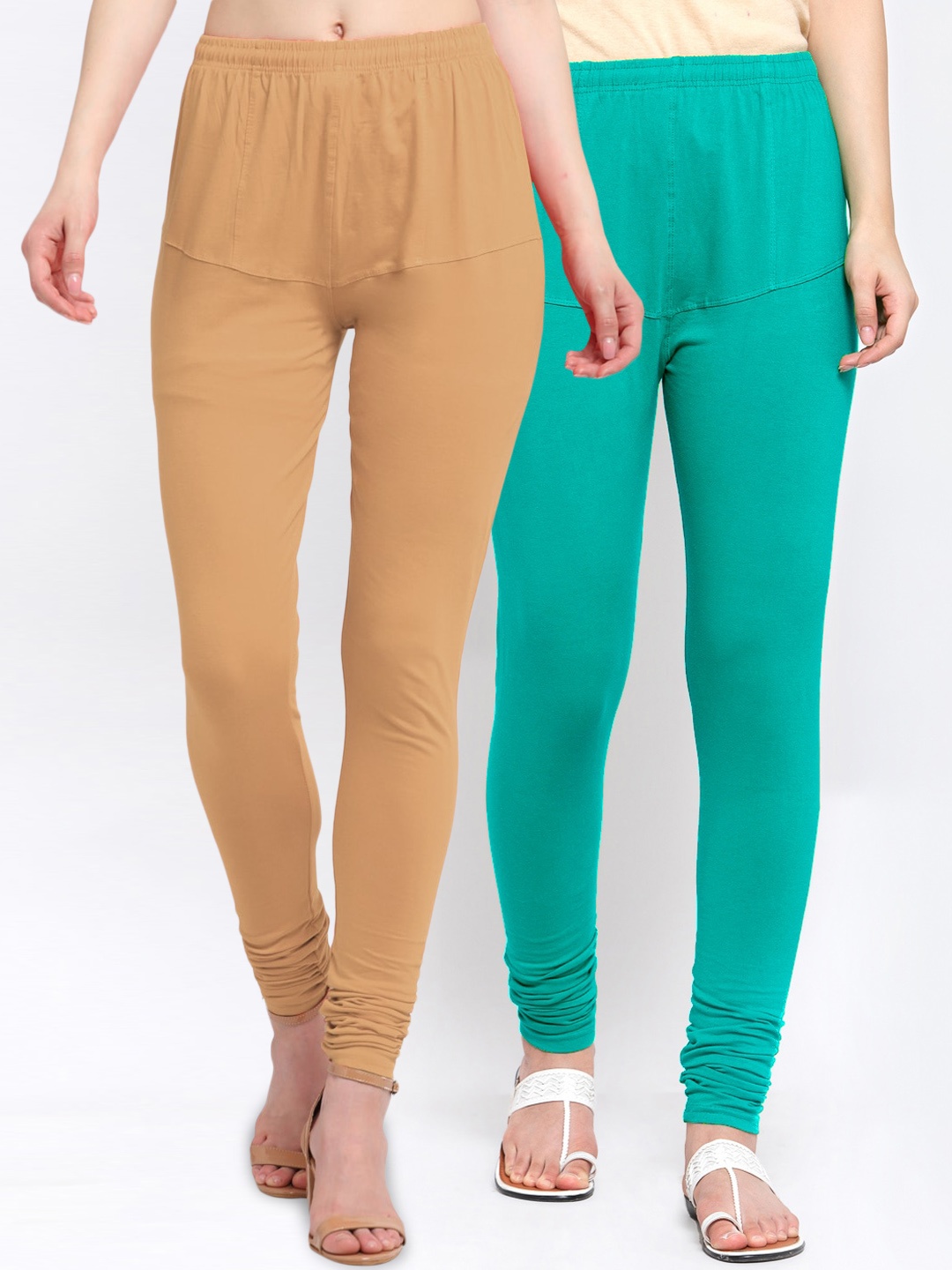 

KLOTTHE Women Pack Of 2 Solid Churidar-Length Cotton Leggings, Beige
