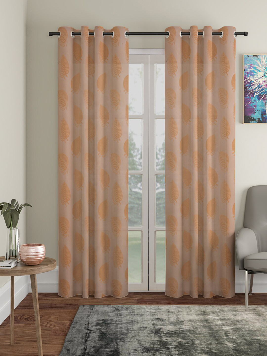 

HOSTA HOMES Brown & Cream-Coloured Set of 2 Floral Window Curtain