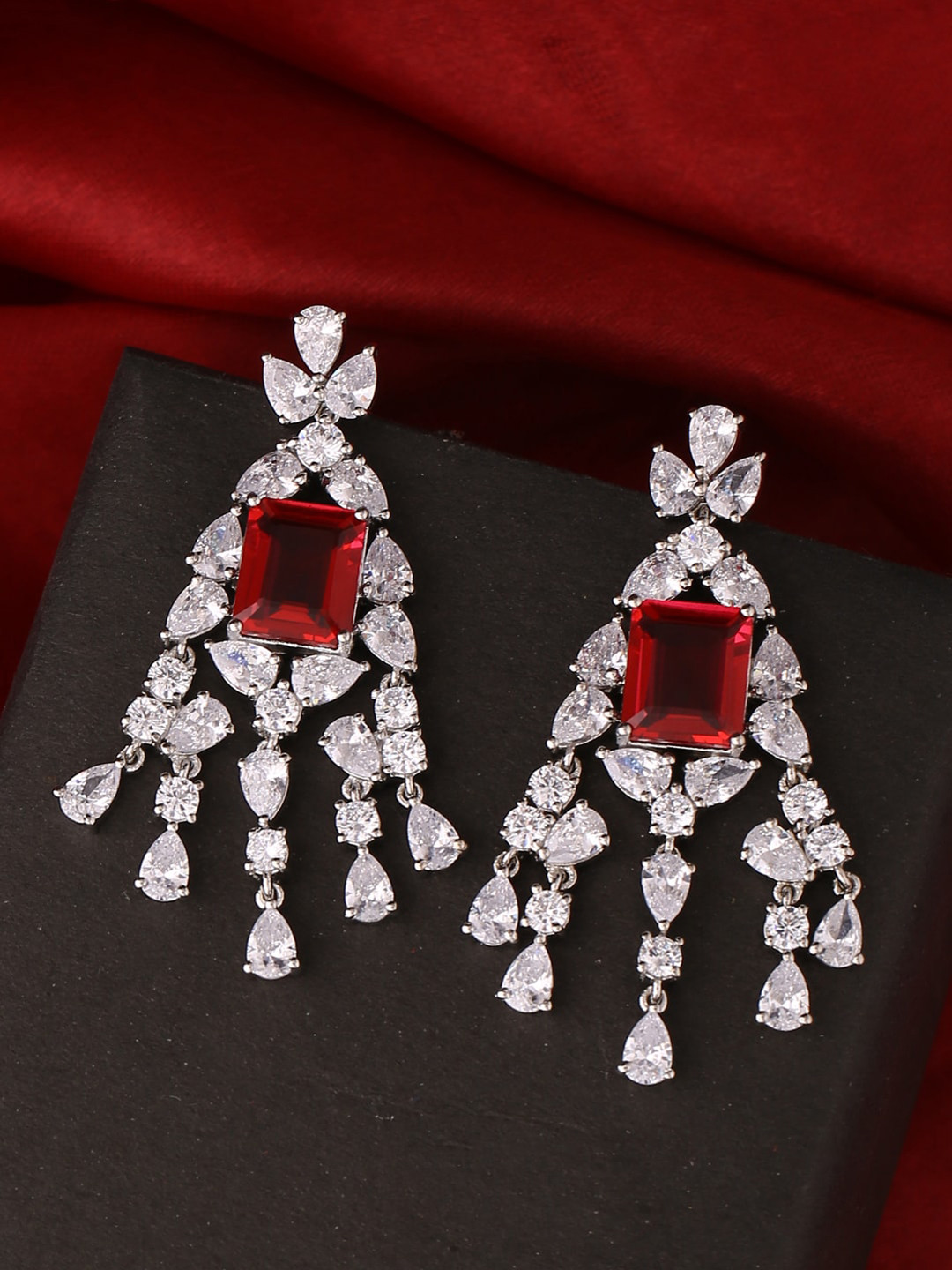 

Tistabene Women White & Red Artificial Stones Classic Drop Earrings