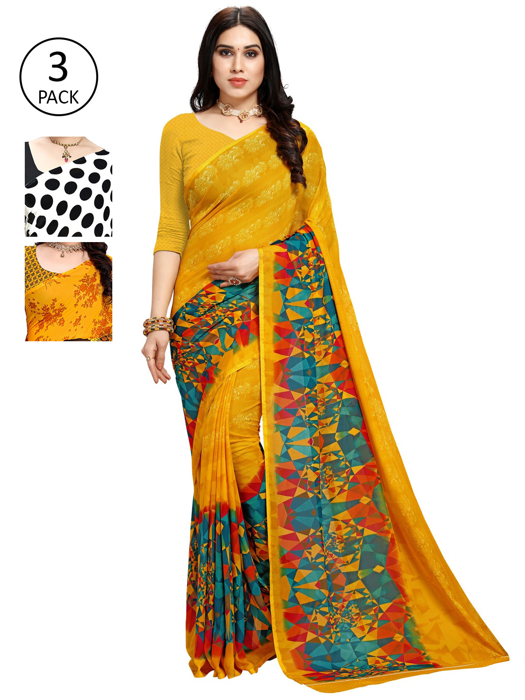 

KALINI Set of 3 Yellow, White & Black Printed Sarees