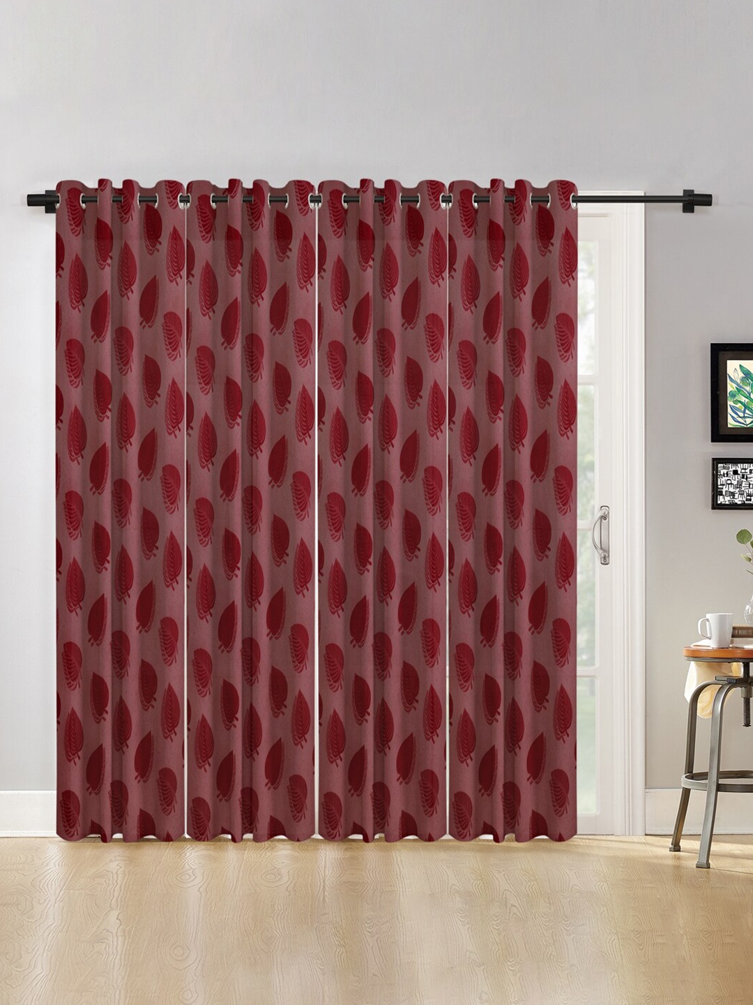 

HOSTA HOMES White & Maroon Set of 4 Floral Long Door Curtain