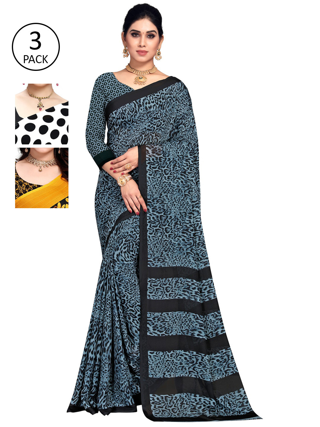 

KALINI Pack Of 3 Printed Poly Georgette Sarees, White