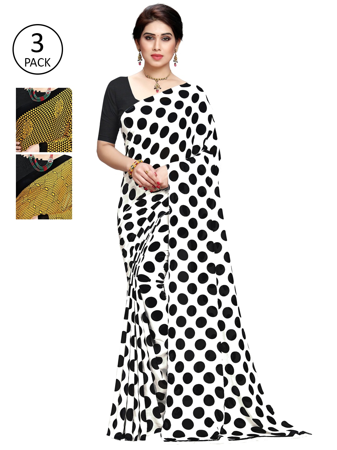 

KALINI Pack Of 3 White & Yellow & Black Printed Sarees