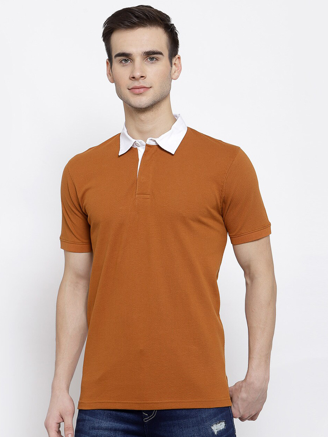 

ManQ CASUAL Men Tan Polo Collar Slim Fit T-shirt