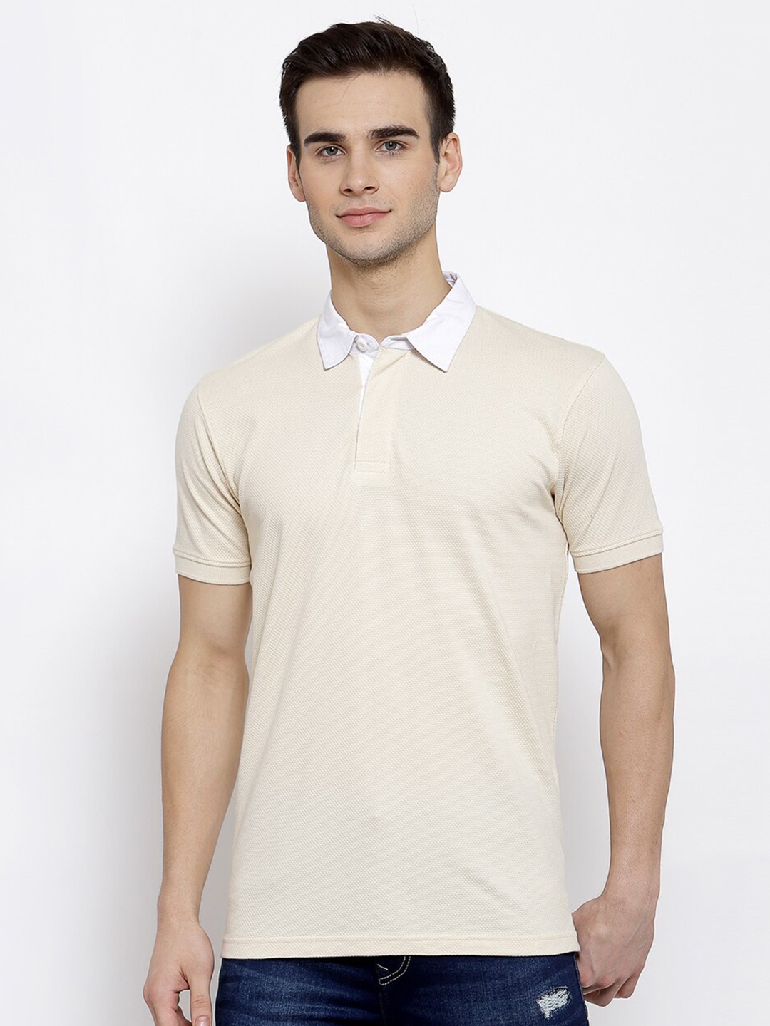 

ManQ CASUAL Men Cream-Coloured Polo Collar Slim Fit T-shirt
